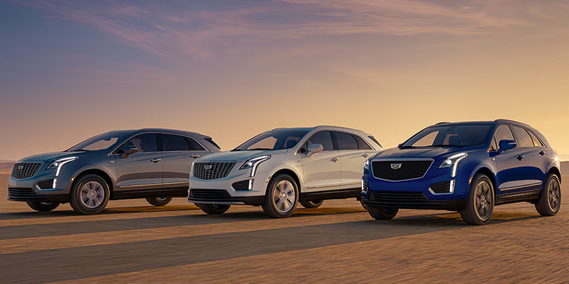 Three Cadillac XT5 SUVs parked side by side at sunset.