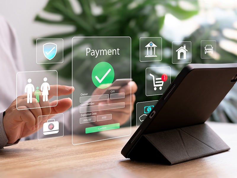 Payment confirmation screen with various icons around it